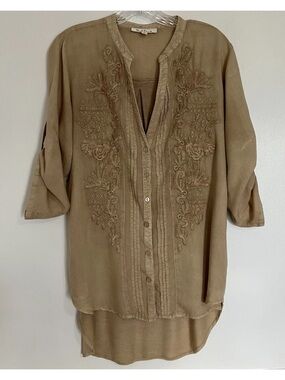 Solitaire Embroidered Tops Small Tan Brown Button Front Cowgirl Boho Western